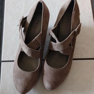 Tesori Grey Mary Jane Suede Wedge Heels , tan, 8.5